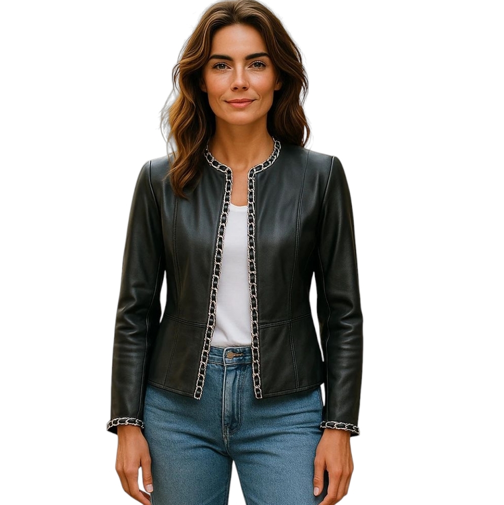 Bradley Bayou Leather Jacket In Black With Silver Chain Trim Size XS
